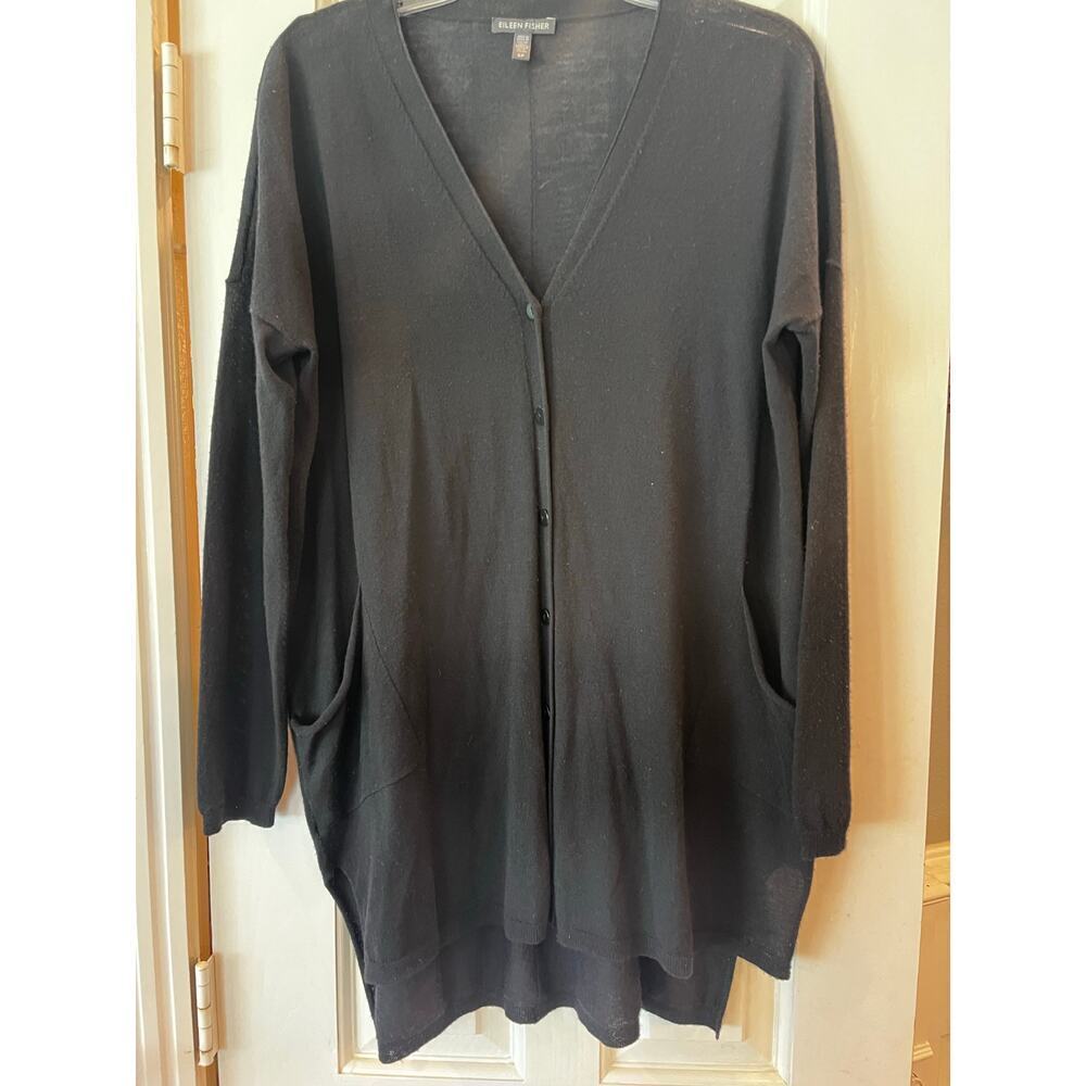 Eileen Fisher 100% Merino Wool Cardigan Sweater Women Small Black Minimalist